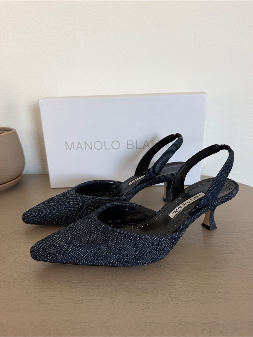 Manolo Blahnik Denim Woven Pointed Slingback Heels - Picture 3 of 8